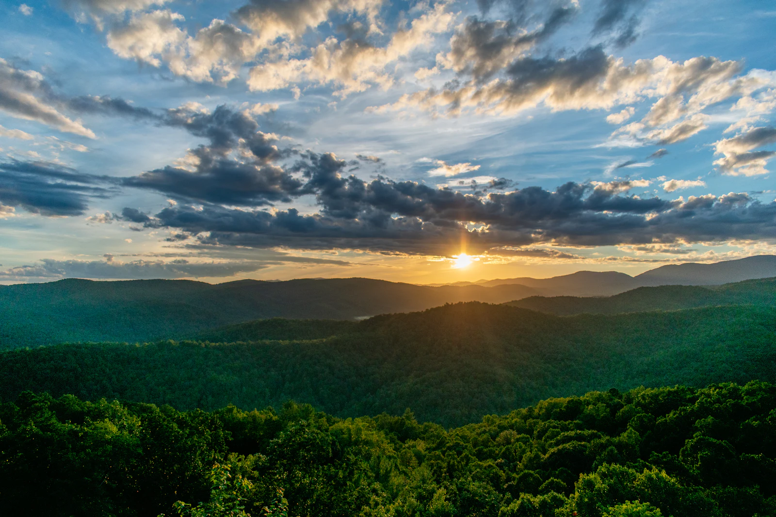 North Carolina's Blue Ridge mountains forested at golden sunset