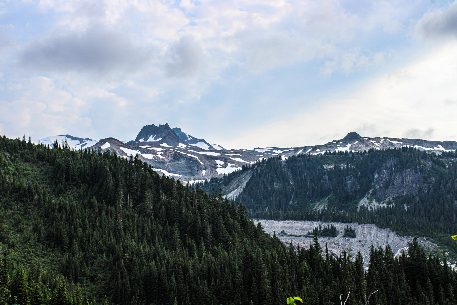 Snow-capped Rocky Mountain peaks above a green valley